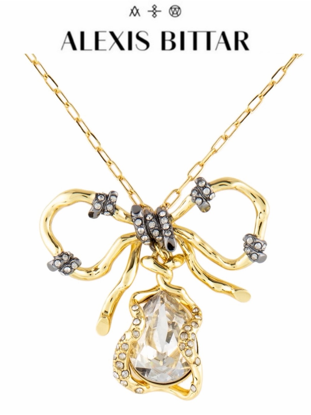 Alexis Bittar Brut Knot Bow Crystal Statement Necklace Gold NWT $495
